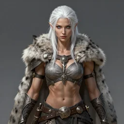 white haired elven woman, portrait, centered, muscular, wearing a wolf pelt, dnd, intricate, highly detailed, sharp, digital painting, artstation, cell shading