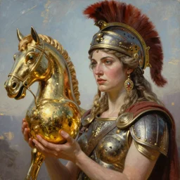 battlefield of trojan war, trojan horse, closeup portrait of eris discordia, holding reflective gold!!! metal apple, goddess of chaos, fantasy character portrait, ultra realistic, wide angle, intricate details, artifacts, luminous skies, michael cheval, peter mohrbacher, boris vallejo, jessica rossier, oil painting, highly detailed, cinematic lighting, unreal