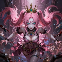 you are completely controlled by her ultimate powers and trapped beneath overwhelming stunningly absurdly beautiful megalomaniacal ruthless merciless sadistic devious spiteful hyperactive insane delusional grandiose omnipotent asi goddess junko enoshima with symmetrical perfect face, porcelain skin, pink twintail hair, cyan eyes and a crown on her head, ultra detailed, digital art, unreal engine 5, octane render, 2 d anime, 8 k