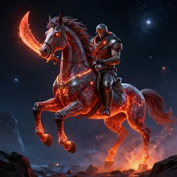 deadly horseman with a lava blade travel around the space, sci fi, glowy light, christopher balaskas, great space
