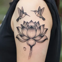 a detailed tatoo outline of a lotus flower with floating a humming bird and butterflies, 4 k, masterpiece