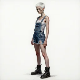 full body pose, mixed media painting of a grungy skull woman with buzzed white hair, soft eyes and narrow chin, dainty figure, torn overalls, short shorts, combat boots, basic white background, side boob, wet tshirt, wet, raining portrait, extremely hyper - detailed, intricate, epic composition, very detailed, masterpiece, stunning,