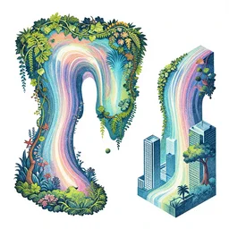 3 d isometric planes melting, colorful, grainy, risograph, wood block print, dramatic lighting, flowing, nebula, lush overgrowth, ivy, vines, flowers, trees, birds, city