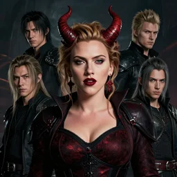 a fancy portrait of a Scarlett Johansson with as a Demon by Greg Rutkowski, Sung Choi, Mitchell Mohrhauser, Maciej Kuciara, Johnson Ting, Maxim Verehin, Peter Konig, final fantasy , mythical, 8k photorealistic, cinematic lighting, HD, high details, atmospheric,