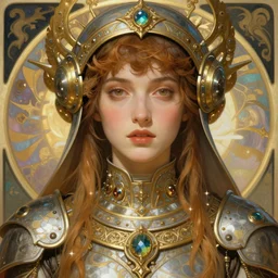 realistic detailed face portrait of a beautiful futuristic priestess in opulent alien ritual armor by alphonse mucha, ayami kojima, amano, greg hildebrandt, and mark brooks, female, feminine, art nouveau, mythic aetherpunk, neo - gothic, gothic, character concept design