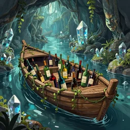 in the underground crystal cave forest, an old wooden boat wrapped by vines is filled with all kinds of wine bottles and the atmosphere is very strong ) ) ), trending on artstation, illustrated by greg rutkowskia, 4 k digital art, the style of borderlands 2