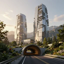 denis villeneuve establishing shot of modern bjarke ingels condo building and gotthard tunnel entrance combined, roads tunnel under bjarke ingels condo building, lush environment, sunset raked lighting, scifi artstation digital concept art, unreal engine, hyper realism, realistic shading, cinematic composition, octane render, wide shot