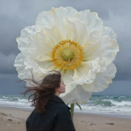 closeup, huge flower head, a girl on beach, surreal photography, wind and cold, dramatic sky, impressionist painting, digital painting, artstation, simon stalenhag