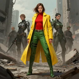 character desing concept art beautiful women cybersoldiers wearing, red top, green cargo pants, long tailored yellow coat in a ruined city by greg rutkowski, artgerm, jparked, jordan grimmer, artstation, intricated, detailed, octane rendered, epic scene