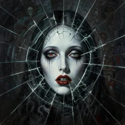a beautiful terrifying painting dark gothic glass face shattered by, norman rockwell, takato yamamoto, jack kirby, ruan jia, moebius, syd mead, roger dean, hans zatzka