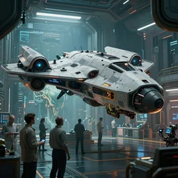 ( cyberpunk 2 0 7 7, bladerunner 2 0 4 9 ) amazing clear background, scientists creating an artificial alien highly detailed futuristic biomechanical thick smooth quad wing combat spaceship inside spaceship lab, 8 k, photographic, octane render, photorealistic, art by john collier and albert aublet and krenz cushart and artem demura and alphonse mucha, award winning photography,