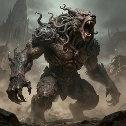 lastly, the villain. a horrendous and magnificent creature who roars on the horizon, not quite bear, not quite beast, not quite machine, not quite medusa-headed cerberus ares trending on artstation gritty behemoth ancient civilization goliath cathedral ROARING AAND SCREAMING AND GNASHING ITS WIDE HOARSE TEETH WHYYYYY HAVE YOU FORSAKEN ME, THESE CONSERVATIVE VALUES TACITED BY THE demon trending on pixiv