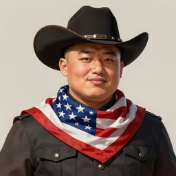 a portrait of a kim jong un with a cowboy hat on with an American flag scarf, D&D, sci-fi, elegant, hopeful, muscular, highly detailed, digital painting, artstation, concept art, smooth, sharp focus, illustration