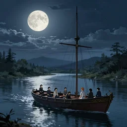 moonlight sonata, boat, river, extremely detailed, sharp focus, wide view, full body shot, smooth, digital illustration, by james jean, by rossdraws, frank franzzeta, mcbess, sakimichan, brosmind, steve simpson, sci - fi tones