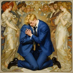 a blond man in a blue suit wounded and kneeling surrounded by a crowd, intricate, elegant, ultra realistic illustration, highly detailed, digital painting, artstation, concept art, smooth, sharp focus, illustration, art by artgerm and greg rutkowski and alphonse mucha