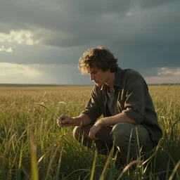 a lonely man in a vast prairie chooses blades of grass, evocative mood, filmic