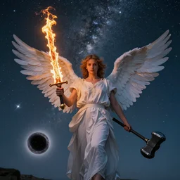 a photorealistic angel in front of the milky way galaxy with a flaming sword in his left hand and in his right hand a hammer made out of a black hole