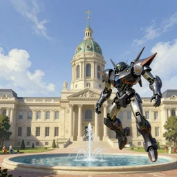 neoclassical tower with dome next to palace and a fountain. a mecha robot in foreground is flying around. battle angel alita. by rembrandt 1 6 6 7, illustration