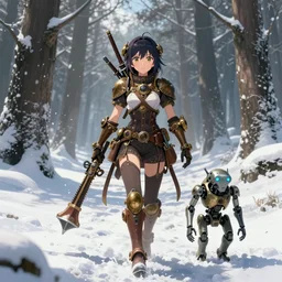 anime girl with steampunk weapons and a robotic companion walking though a snowy tundra forest, extremely detailed, anime, anime background, intense, particles, cinematic lighting,