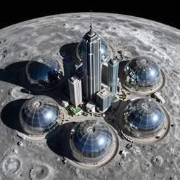 “an aerial photo of a futuristic city, covered by six glass geodesic domes, on the moon”