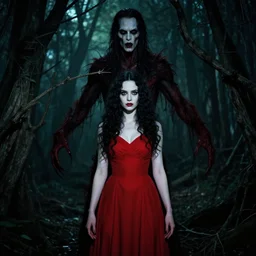 artgerm, john totleben, full body, pretty alyson hannigan, evil dead demon, evil dead movie, red dress, symmetrical eyes, symmetrical face, long curly black hair, trees, forest, branches, cinematic lighting, evil dead creature, scary, blood