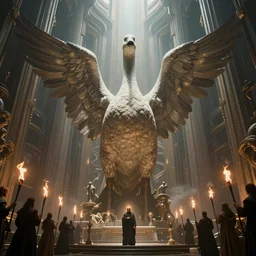 epic statue of goose god, lovecraft madness style, insane architecture, worshipers with torches around, cult, Marc simonetti, Detective, Zaha Hadid, detailed futuristic architecture, Maya render, raytracing, epic cinematography, in the style of Lord of the Rings, Weta Digital, Wētā FX