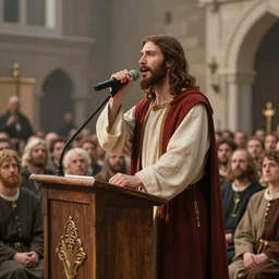 jesus christ with a microphone rapping on a podium to a crowd of people, 4 k image, hd, high res, unreal engine, medieval
