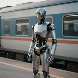 photo of cyborg waiting for a train, 1970, soft light, morning light, photorealistic, realistic, octane, 8k, cinematic shot