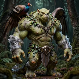 a high poly zbrush sculpt portrait of an ork in a dark forest, muscles normal map creature made of doglike class aves skin veins merged anaconda, bump map strangled by plastic wrap bower bird creature wrinkles pheasant, ivy complex feathers exotic morphing hoopoe, zebra morphing wings king vulture head
