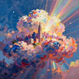 a vibrant colorful cloud that has a city within, air brush, oil paint, radiant light, caustics, heroic, bright iridescent light, by gaston bussiere, bayard wu, greg rutkowski, maxim verehin