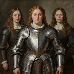portrait of medieval swedish woman wearing military power armor with steel overbust corset. intricate painting by ross tran, magali villeneuve, and jeremy mann. obese