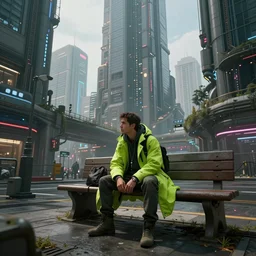 Lone adventurer in a lime green coat sitting on a bench in a cyberpunk dystopian megalopolis, beautiful digital art, dramatic volumetric lighting, epic composition, detailed, 4K ultra HD, Octane render