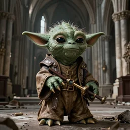 steampunk yoda photorealistic in an abandonned cathedral