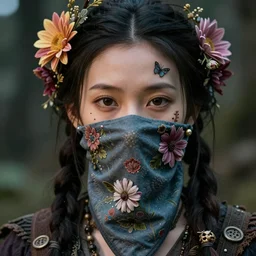 a stunning ultra detailed fantasy fine art portrait photo of witch from avatar movie, by tom bagshaw, michael cheval and natalie shau, bandana mask, 3 5 mm lens, golden ratio composition, deep depth of field, perfect eyes and face, flowery implants, flowerpunk, soft lighting, artstation, 8 k