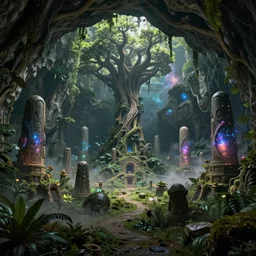 photo of an overgrown deep underground cave on another world embellished with a lush overgrown jungle of beautiful ancient alien trees, alien elvish cave village, scattered complex ancient monoliths emitting cosmic astral energy, nebula fog and cosmic mist, 4 k rtx hdr volume light concept studio matte painting environment octane, ue 5, photorealistic render trending on artstation by eytan zana