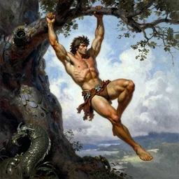 tarzan swinging from a tree, by Frank Frazetta, Greg Rutkowski, Boris Vallejo, epic fantasy character art, Exquisite detail, post-processing, low angle, masterpiece, cinematic