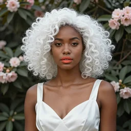 Woman against a background of flowers, they are woven into her hair, the color of her hair is white, her lips are coral and her skin is dark brown, she is in a white satin dress, style Edward Hopper