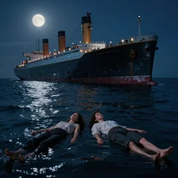 jack and rose both laying down on a a detached door, floating in the cold dark waters of the atlantic ocean, as the towering titanic sinks in the backdrop, night, hyperrealistic, cinematic, moonlit