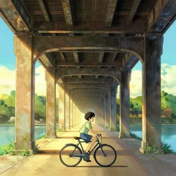 a boy riding his bike under a bridge, high intricate details, rule of thirds, golden ratio, cinematic light, anime style, graphic novel by fiona staples and dustin nguyen, by beaststars and orange, peter elson, alan bean, studio ghibli, makoto shinkai