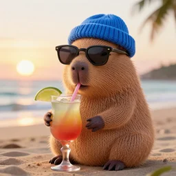 a photorealistic photograph of a knitted cute Capybara dressed in sunglasses and wearing a blue beanie cap. This subject is sipping a refreshing Mai Tai drink cocktail at the beach during sunset. This image is Trending on Artstation, featured on Behance, well-rendered, extra crisp, features intricate detail, Unreal Engine, 4K HD