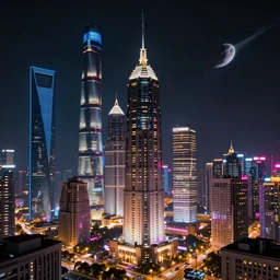 Cyberpunk futuristic Shanghai, captivating glowing lights, Star Trek setting, on interstellar space, photo realistic by Yaşar VURDEM , artstation, unreal engine, building concept art by Moebius, high quality printing