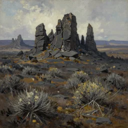 scorched shrublands with jagged stone spires, extremely detailed oil painting, sargent and leyendecker, savrasov levitan polenov, bruce pennington, tim hildebrandt, digital art, landscape painting, trending on artstation, masterpiece