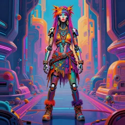 colorful full body portrait of a cybernetic hippie, set in the future 2 1 5 0 | highly detailed | very intricate | symmetrical | professional model | cinematic lighting | award - winning | painted by mandy jurgens and ross tran | pan futurism, dystopian, bold psychedelic colors, cyberpunk, groovy vibe, anime aesthestic | featured on artstation