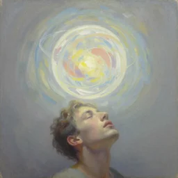 An orb of light orbiting around a man's head, oil on canvas painting, pastel colours, depth of field, spot-lighting
