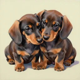 color painting of dachshund puppies cuddling together