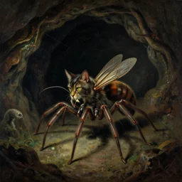 wasp cat, spider, feline insect, in a dark cave, alien, many legs, painting by greg rutkowski and gustave dore