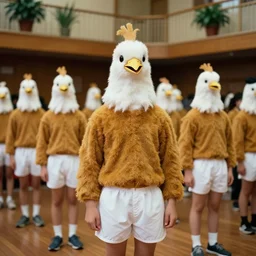 realistic photo portrait of the student class, brown mustard cotton fluffy bird white carnival costumes shorts, pigeon head face portrait, wooden polished hall wooden with green plants in pots 1 9 9 0, life magazine reportage photo,