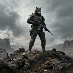 werewolf character who is a soldier in a full modern soldier armor with a gun standing on top of hill from dead bodies of other soldiers, scene at war, epic, faint light, 4 k, concept art, trending on artstation, photography, cinematic, highly detailed, realistic