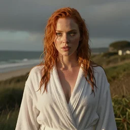 Christina Hendricks with bathrobe, realistic, wet,
