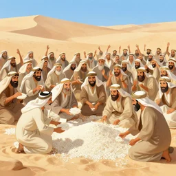 detailed digital painting of a crowd of happy jews in the desert harvesting white manna, yellow orange and blue color scheme, painting by gaston bussiere, j. c. leyendecker 8 k